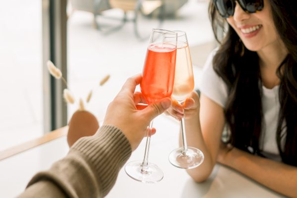 Two people clinking glasses filled with drinks, one red and one light, while seated at a table in a sunlit setting.