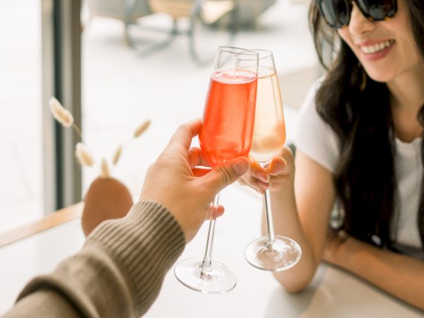 Two people clinking glasses filled with drinks, one red and one light, while seated at a table in a sunlit setting.