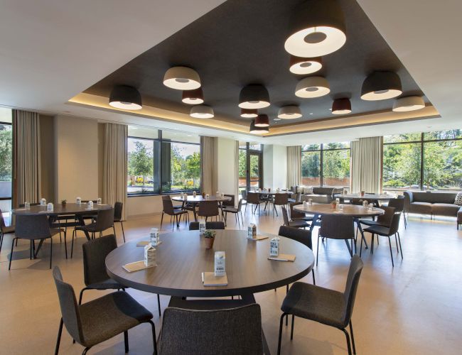 A modern, well-lit meeting room with round tables, chairs, and large windows showing greenery outside.