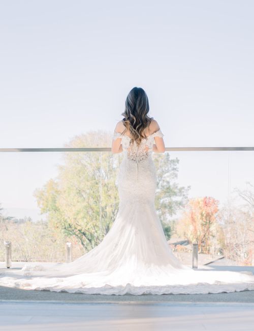 A person in a white wedding dress stands facing away, gazing at a scenic outdoor view with trees and a clear sky.