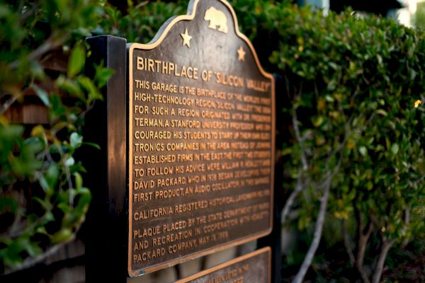 A plaque titled "Birthplace of Silicon Valley," describing the historical significance of a garage related to technological innovation.