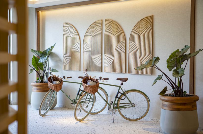 A green bicycle with wicker baskets sits in a room with carved arch wall art and potted plants by the wall.