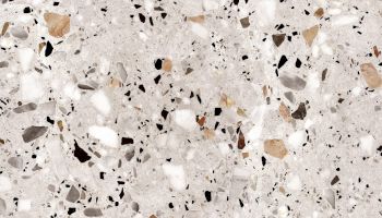 This image shows a terrazzo surface with a mix of gray, white, black, and brown stone chips embedded in a light-colored base.