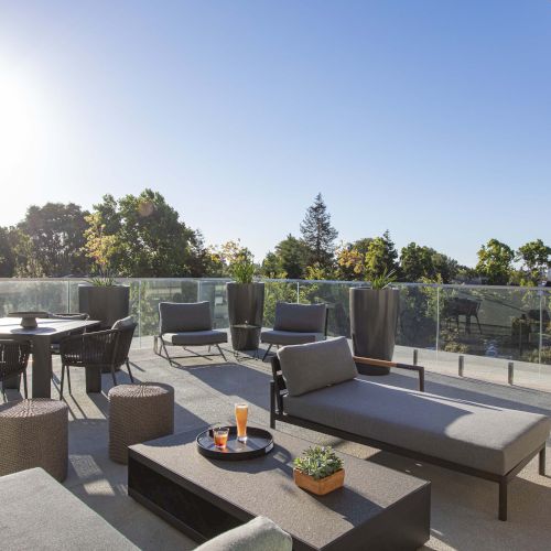 A rooftop patio with lounge chairs, tables, and potted plants under a clear blue sky and bright sunlight.