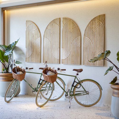 Two bicycles with baskets are placed in a room with abstract wall art and large potted plants for a stylish, natural setting.