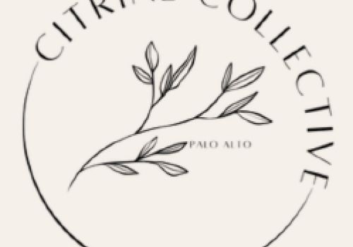 Logo with the text "Citrine Collective" and "Palo Alto," featuring a simple line drawing of a leafy branch in a circle.