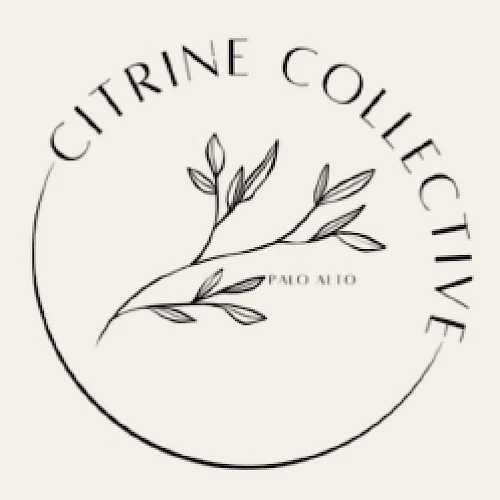 Logo with the text "Citrine Collective" and "Palo Alto," featuring a simple line drawing of a leafy branch in a circle.